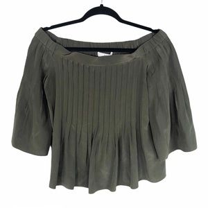 Tibi Olive Green Silk Off Shoulder Top